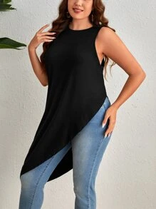 SHEIN Essnce Plus Solid Asymmetrical Hem Tank Top - Black - View 5