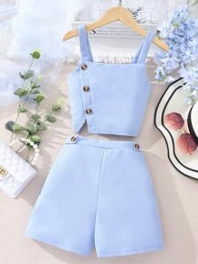 Top Cami Para Niña Con Detalle De Botones Y Pantalones Cortos - Celeste - Ver 1