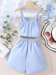 Top Cami Para Niña Con Detalle De Botones Y Pantalones Cortos - Celeste - Ver 2