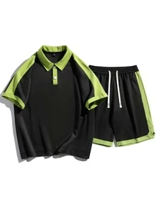 Men Contrast Side Seam Polo Shirt & Drawstring Waist Shorts - Black - View 1