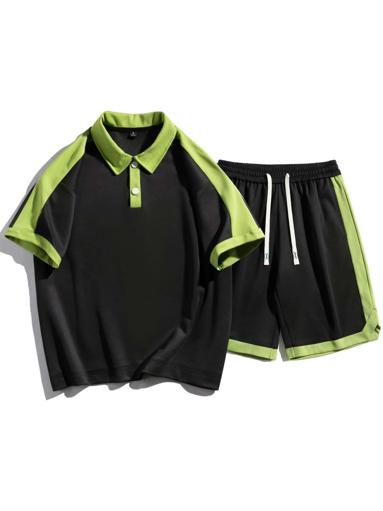 Men Contrast Side Seam Polo Shirt & Drawstring Waist Shorts - Black - View 1
