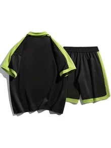 Men Contrast Side Seam Polo Shirt & Drawstring Waist Shorts - Black - View 2