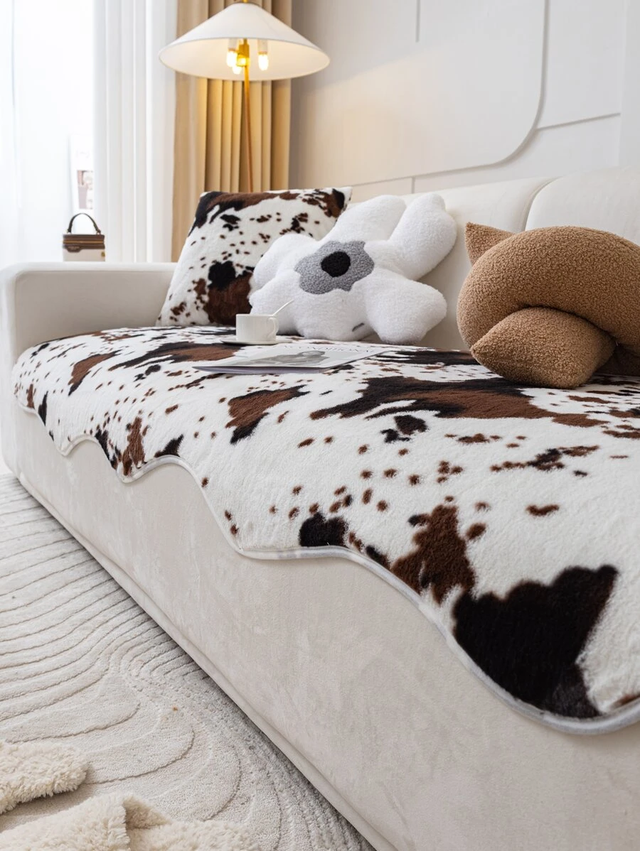 1入組牛圖案沙發巾現代派滌綸扇形飾邊沙發套沙發毯 - 咖啡棕 - 查看 1