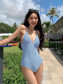DAZY Plaid Print One Piece Swimsuit - Blue - View 4