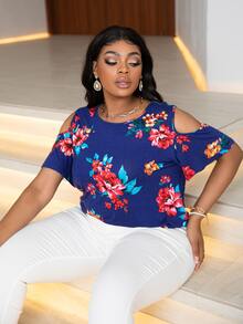 DEARCASE Plus Floral Print Cold Shoulder Tee - Navy Blue - View 4