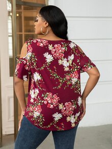 DEARCASE Camiseta con estampado floral de hombros descubiertos - Burdeos - Ver 2