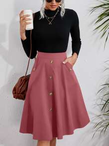 SHEIN VCAY Solid Button Detail Flare Skirt - Dusty Pink - View 1