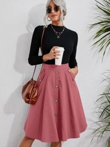 SHEIN VCAY Solid Button Detail Flare Skirt - Dusty Pink - View 6