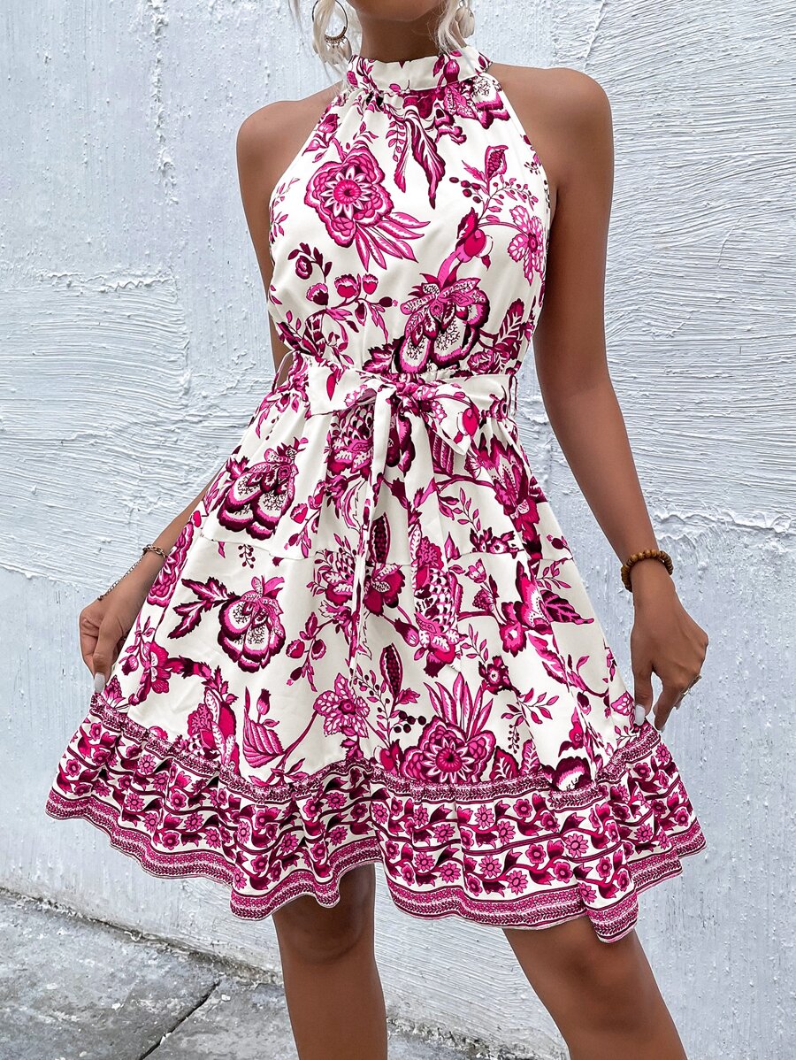 SHEIN VCAY Floral Print Belted Halter Dress - White - View 1