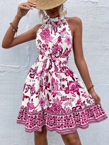 SHEIN VCAY Floral Print Belted Halter Dress - White - View 5