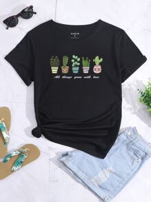 SHEIN LUNE Cactus And Slogan Graphic Tee - Black - View 1