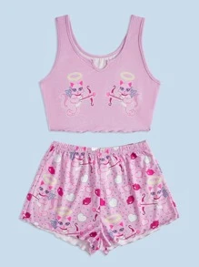 KLARYSSA Cartoon Graphic Lettuce Trim PJ Set - Pink - View 1