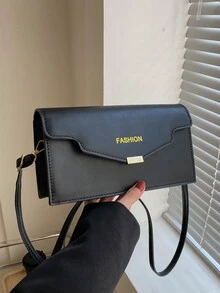 Letter Graphic Flap Square Bag - Black - View 1