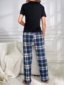 Slogan Graphic Tee & Tartan Trousers PJ Set - Multicolor - View 2