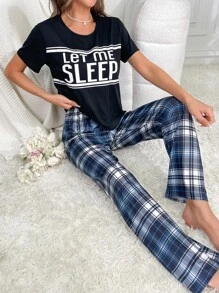 Slogan Graphic Tee & Tartan Trousers PJ Set - Multicolor - View 3