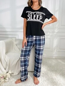 Slogan Graphic Tee & Tartan Trousers PJ Set - Multicolor - View 5