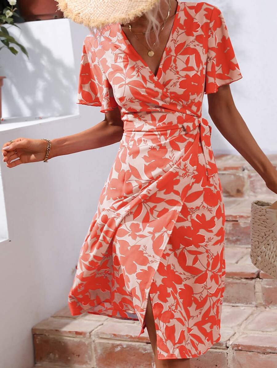 SHEIN VCAY Allover Print Knot Side Wrap Dress - Multicolor - View 1