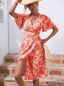 SHEIN VCAY Allover Print Knot Side Wrap Dress - Multicolor - View 6