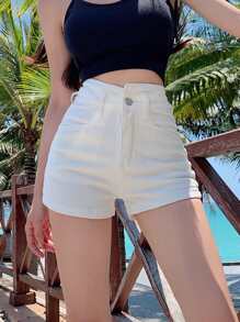弹性紧身性感沙滩度假风格牛仔短裤，适合夏季、百搭日常穿着