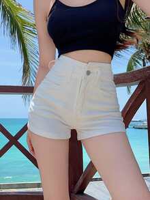 弹性紧身性感沙滩度假风格牛仔短裤，适合夏季、百搭日常穿着