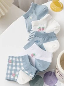 5 pares de calcetines de mujer casuales, de malla, multicolor, con estampado de fresa, transpirables y que absorben la humedad - Multicolor - Ver 6