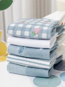 5 pares de calcetines de mujer casuales, de malla, multicolor, con estampado de fresa, transpirables y que absorben la humedad - Multicolor - Ver 7