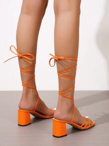 女士腿部繫帶設計高跟條帶粗跟時尚涼鞋橘色 - 橘色 - 查看 2