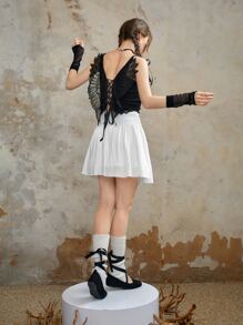 ROMWE Fairycore 翅膀形狀露背繫帶吊帶上衣 - 黑色 - 查看 4