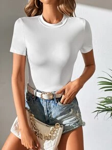 SHEIN Tall Camiseta unicolor de cuello redondo - Blanco - Ver 1