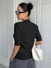 DAZY 純色縫線細節針織上衣 - 黑色 - 查看 2