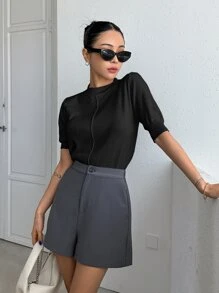 DAZY 純色縫線細節針織上衣 - 黑色 - 查看 3