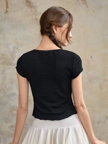 ROMWE Áo thun nữ Xù nhỏ Thắt nơ trước màu trơn Giải trí - màu đen - Xem 7