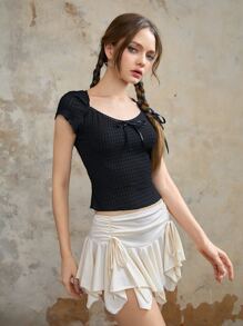 ROMWE Áo thun nữ Xù nhỏ Thắt nơ trước màu trơn Giải trí - màu đen - Xem 5