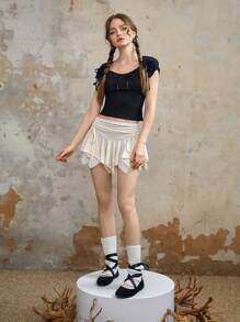 ROMWE Áo thun nữ Xù nhỏ Thắt nơ trước màu trơn Giải trí - màu đen - Xem 6