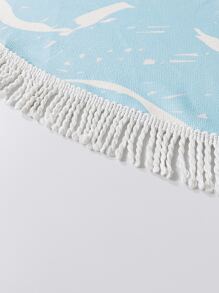 1pc Starfish & Shell Pattern Beach Towel, Microfiber Round Fringe Trim Travel Beach Towel For Swimming, Diving, Summer - Baby Blue - View 3