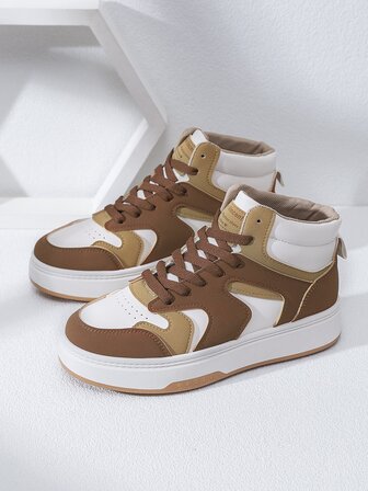 Alan Vincent 女款新款高筒繫帶運動鞋，平底，時尚百搭學生鞋，適合秋冬