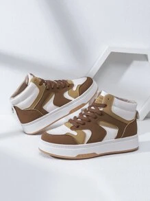 Alan Vincent 女款新款高筒繫帶運動鞋，平底，時尚百搭學生鞋，適合秋冬 - 棕色 - 查看 3