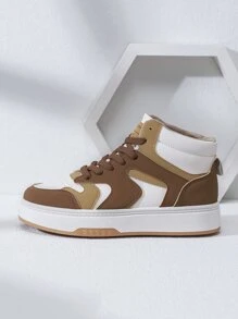 Alan Vincent 女款新款高筒繫帶運動鞋，平底，時尚百搭學生鞋，適合秋冬 - 棕色 - 查看 6