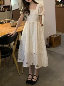 Vestido unicolor de manga farol de espalda abierta - Albaricoque - Ver 1