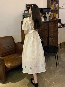 Vestido unicolor de manga farol de espalda abierta - Albaricoque - Ver 2