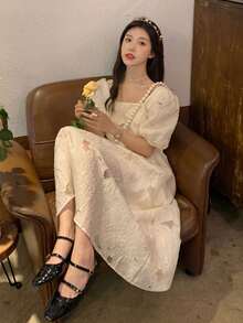 Vestido unicolor de manga farol de espalda abierta - Albaricoque - Ver 3