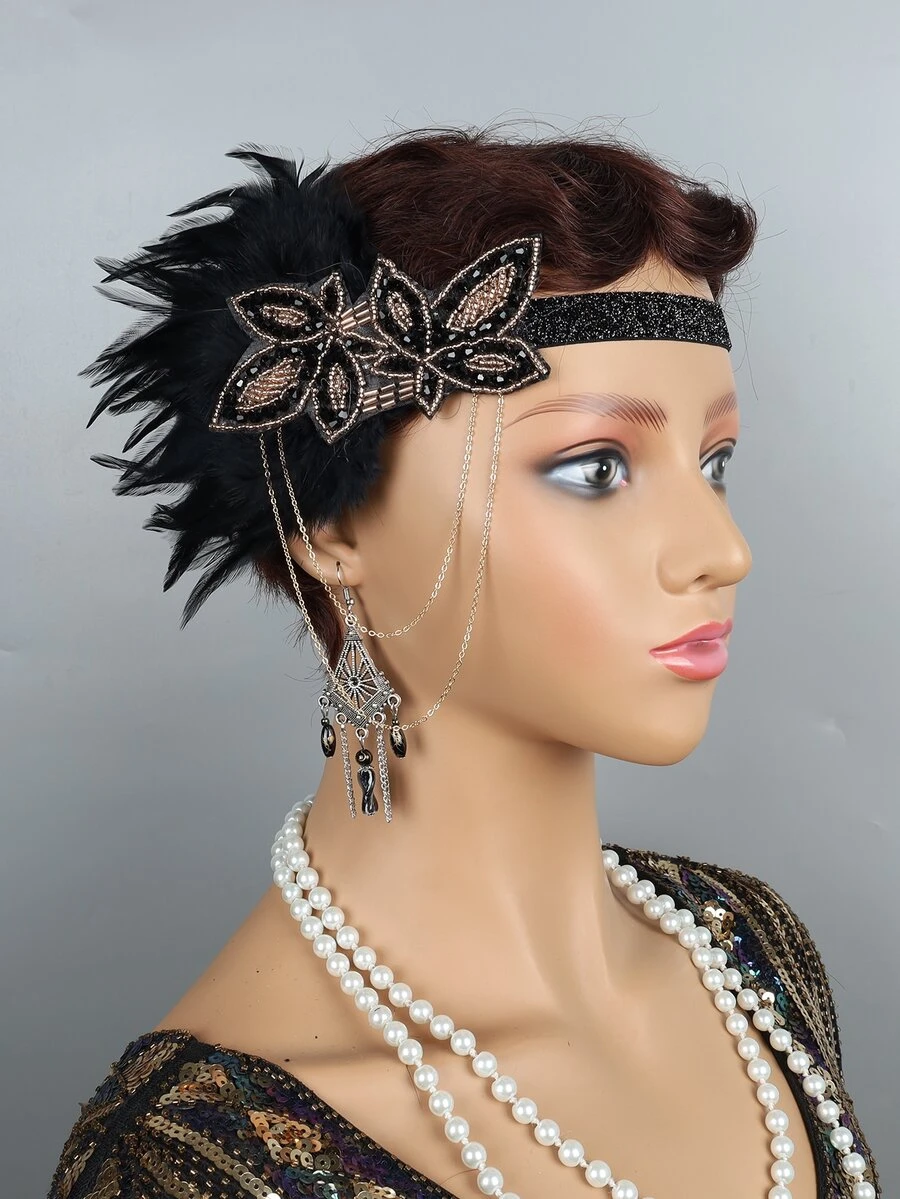 1入組女士珠飾和羽毛裝飾時尚服裝髮帶適合派對 - 黑色 - 查看 1