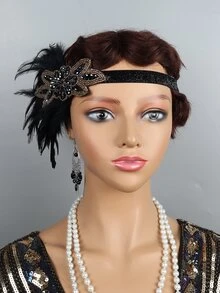 1入組女士珠飾和羽毛裝飾時尚服裝髮帶適合派對 - 黑色 - 查看 2