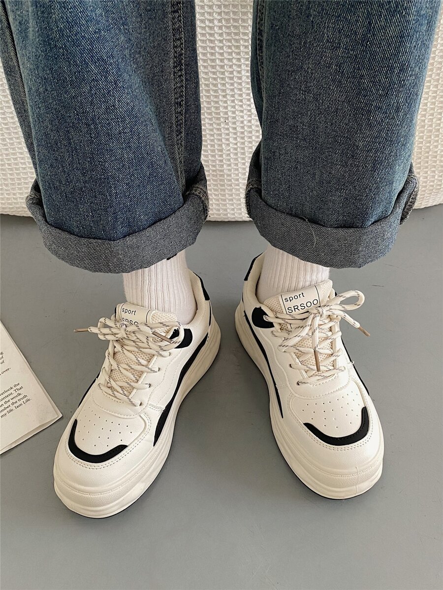 Women Color Block Skate Shoes, Lace-up Front Sneakers - Black and White - View 1