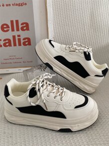 Women Color Block Skate Shoes, Lace-up Front Sneakers - Black and White - View 2