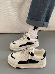 Women Color Block Skate Shoes, Lace-up Front Sneakers - Black and White - View 3