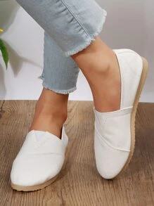 女款休閒時尚圓頭帆布一腳蹬舒適軟底米色純色平底鞋