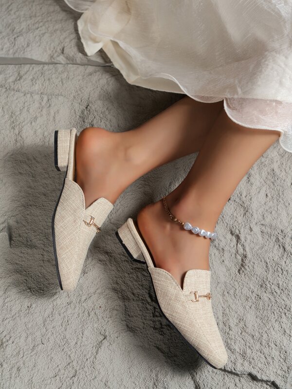 Women Metal Decor Flat Mule Sandals, Elegant White Fabric Women Shoes