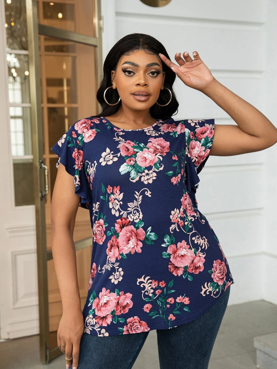 DEARCASE Plus Floral Print Butterfly Sleeve Tee - Navy Blue - View 1