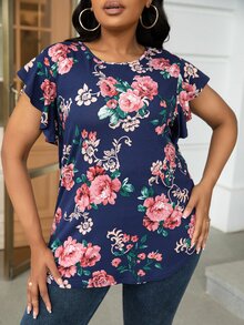 DEARCASE Plus Floral Print Butterfly Sleeve Tee - Navy Blue - View 3